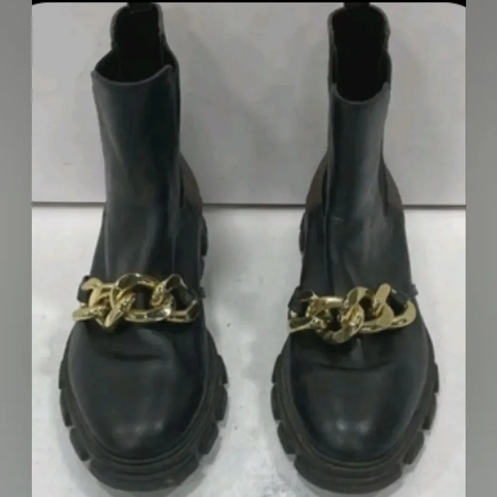Michael Kors Scarlett Black Leather Chainlink Boots Mobwife Designer 9.5